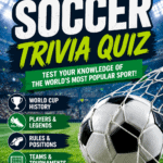 Soccer trivia quiz for kids and teens with a soccer ball in the net, stadium background, and questions covering World Cup history, famous players, soccer rules, teams, tournaments, positions, and fun football facts.