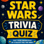 Star Wars trivia quiz poster featuring colorful planets, stars, comets, and a space-themed design with bold title text. Educational quiz for kids and teens covering Jedi, Sith, droids, planets, starships, Grogu, The Mandalorian, Ahsoka, and Star Wars characters.