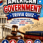 American Government Trivia Quiz poster with the U.S. Capitol building, Constitution, Bill of Rights, judge's gavel, voting and citizenship icons, and topics including amendments, Supreme Court, branches of government, rights, and elections.