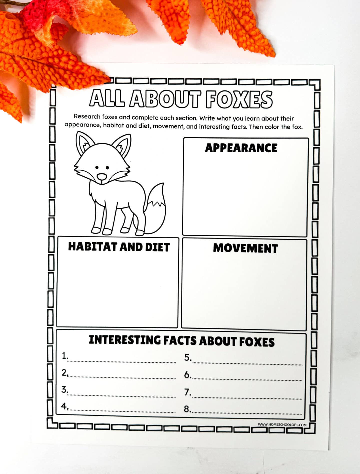 Fox research worksheet for kids about habitat, diet and behavior