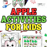 Free apple activities featuring a life cycle spinner, pattern worksheet, coloring page, and apple handprint art