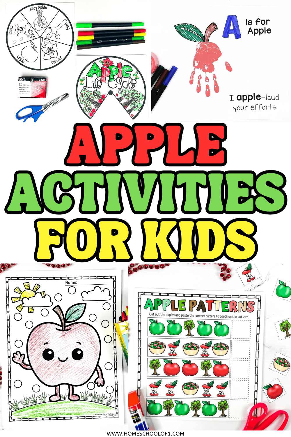 Free apple activities featuring a life cycle spinner, pattern worksheet, coloring page, and apple handprint art