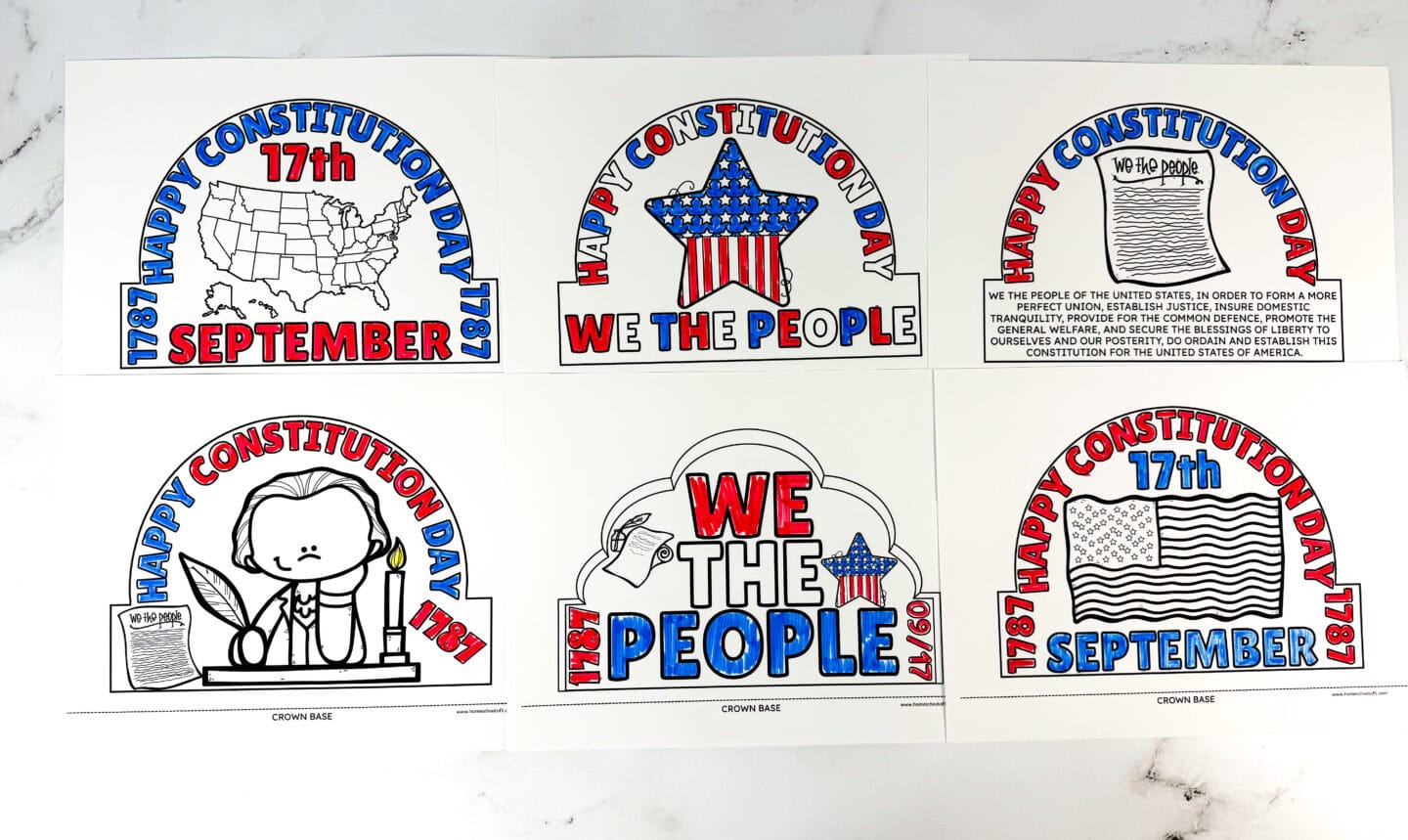 Six printable Constitution Day crowns for kids featuring We the People, September 17 and the U.S. Constitution