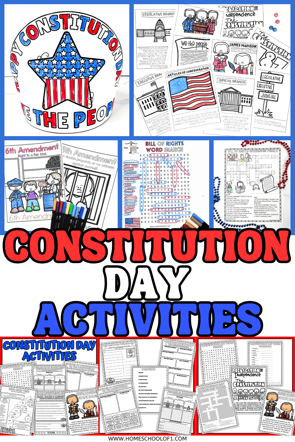 Constitution Day activities and free printables for kids including crowns, coloring pages, worksheets and Bill of Rights puzzles