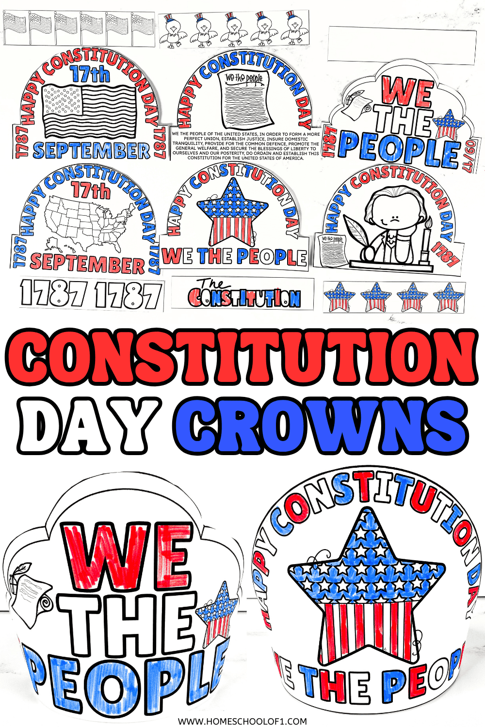 Free printable Constitution Day crowns for kids with six patriotic designs to color and wear for September 17