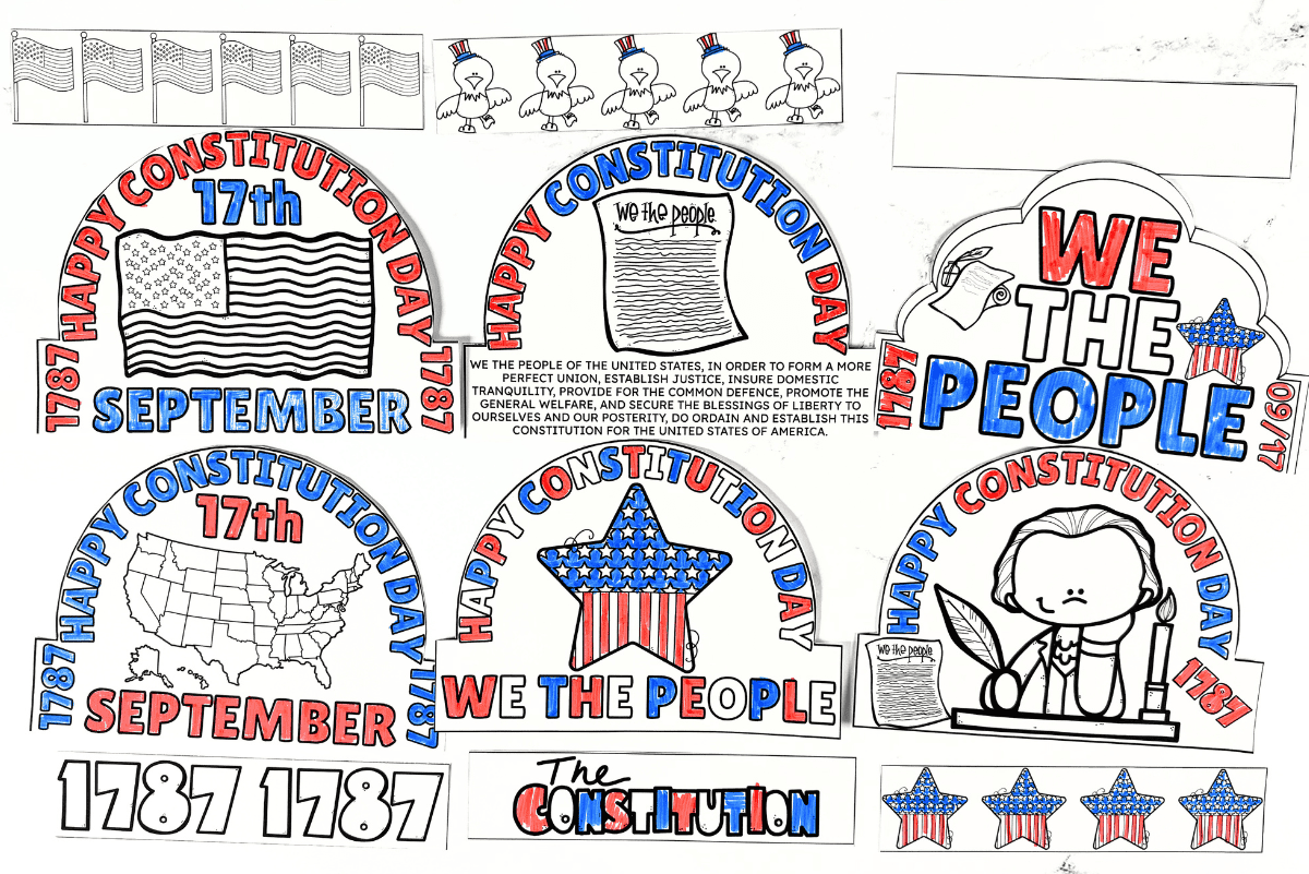 Constitution Day crown printable with six We the People, September 17, U.S. flag and Constitution designs for kids