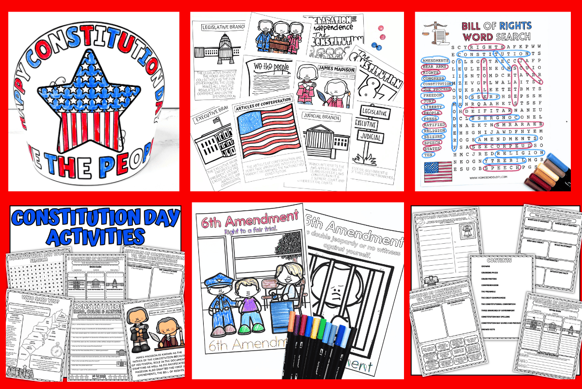 Constitution Day worksheets and activities for kids with Constitution coloring pages, crown, Bill of Rights word search and printable activity pack