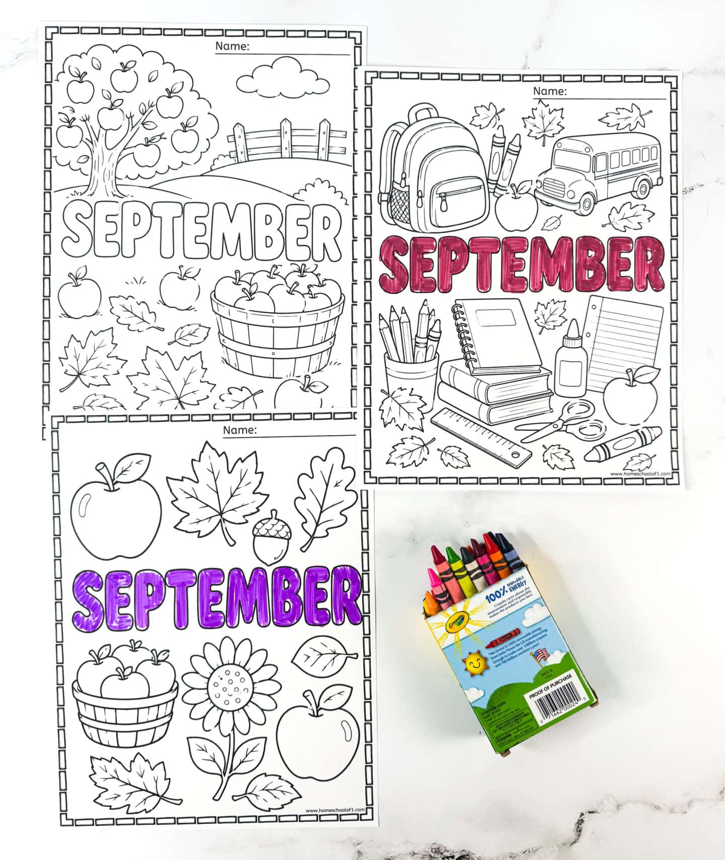 Back to school and early fall coloring sheets with apples, leaves, and school supplies