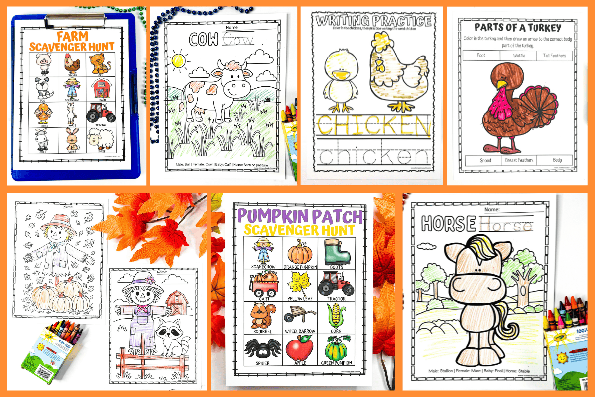 Free farm printables for kids including farm animal worksheets, scavenger hunts, and coloring pages