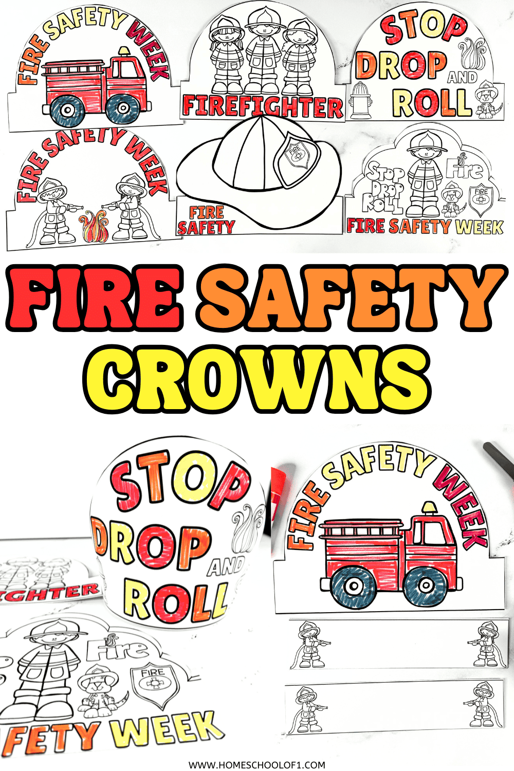 Free fire safety crowns for kids with firefighter, fire truck, helmet, and Stop Drop and Roll designs