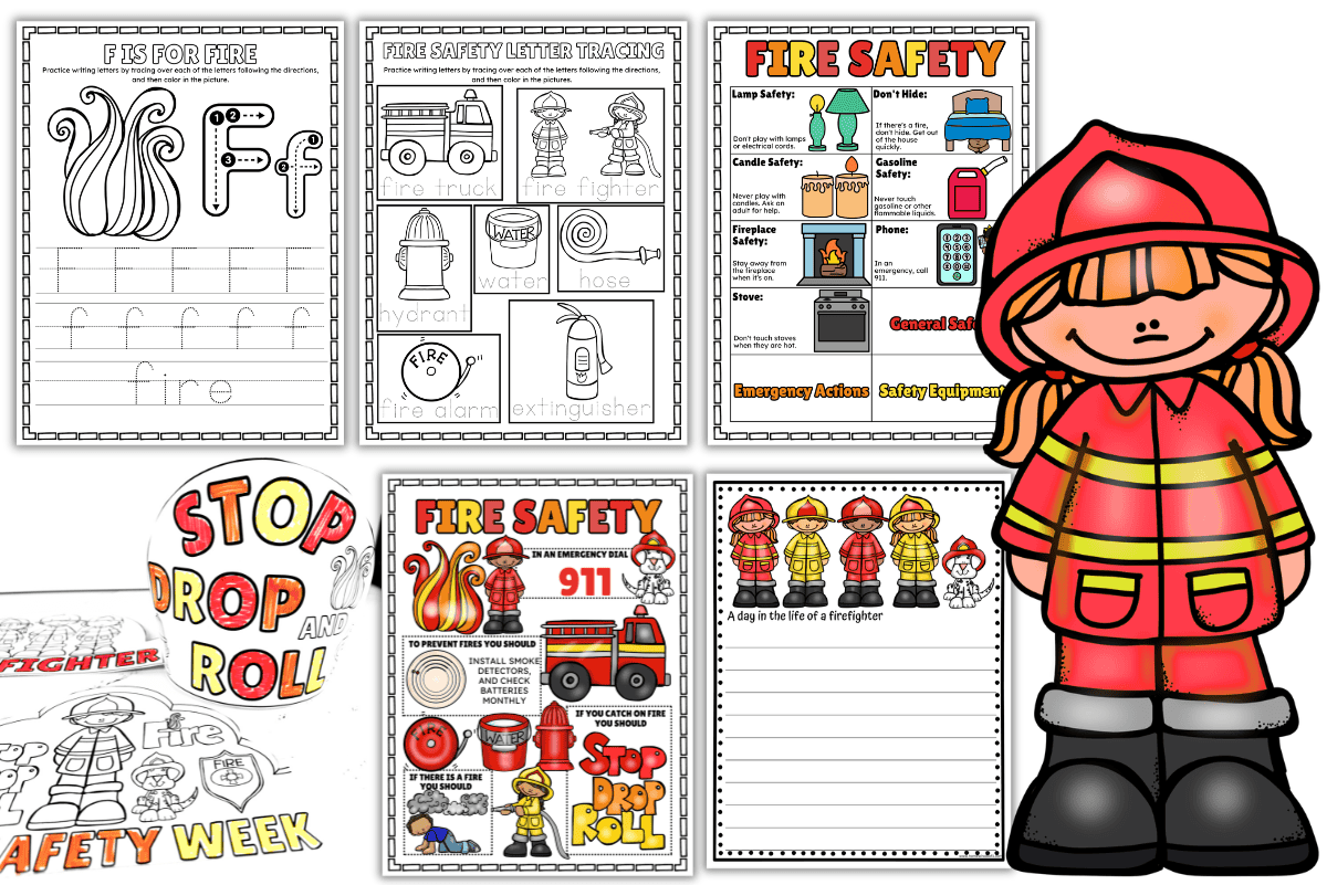 Fire Safety Week activities for kids with tracing worksheets, fire safety printables, crowns, and writing activities