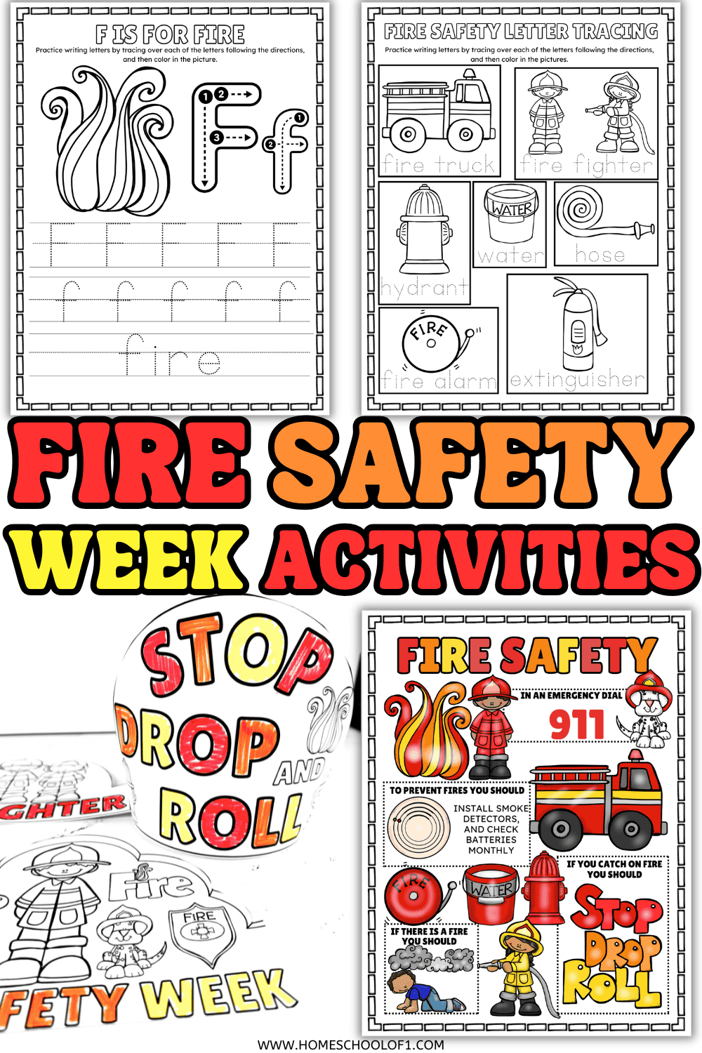 Fire Prevention Week activities and printables for preschool and elementary kids including tracing and fire safety worksheets