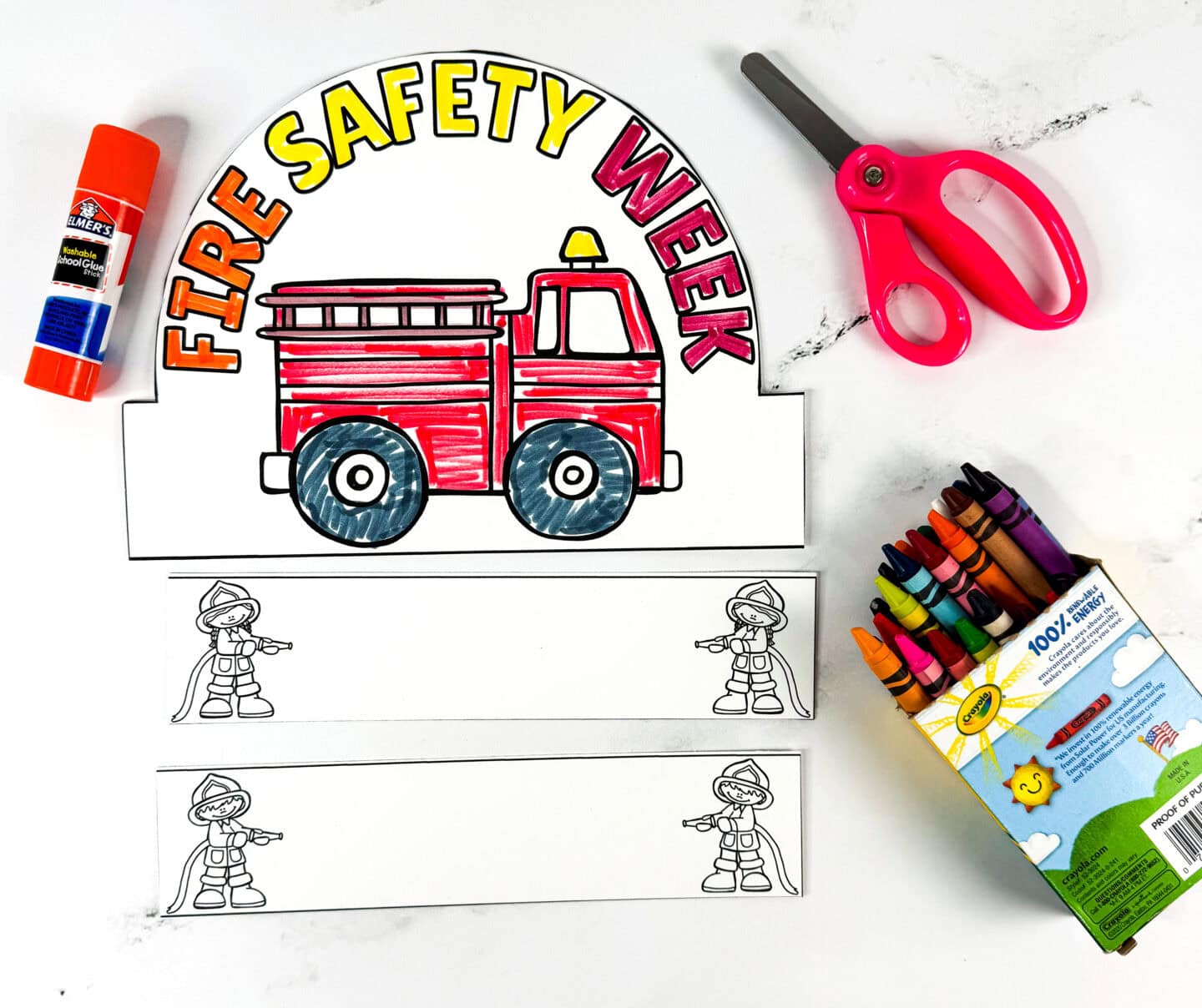 Fire Safety Week fire truck crown printable with headband strips for kids to color and cut out