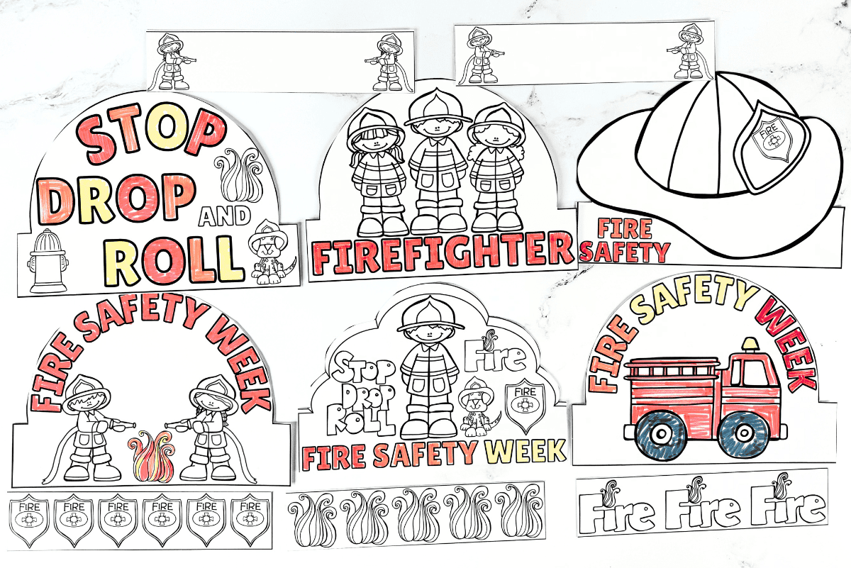 Printable Fire Safety Week crowns with six coloring designs and headband extender strips