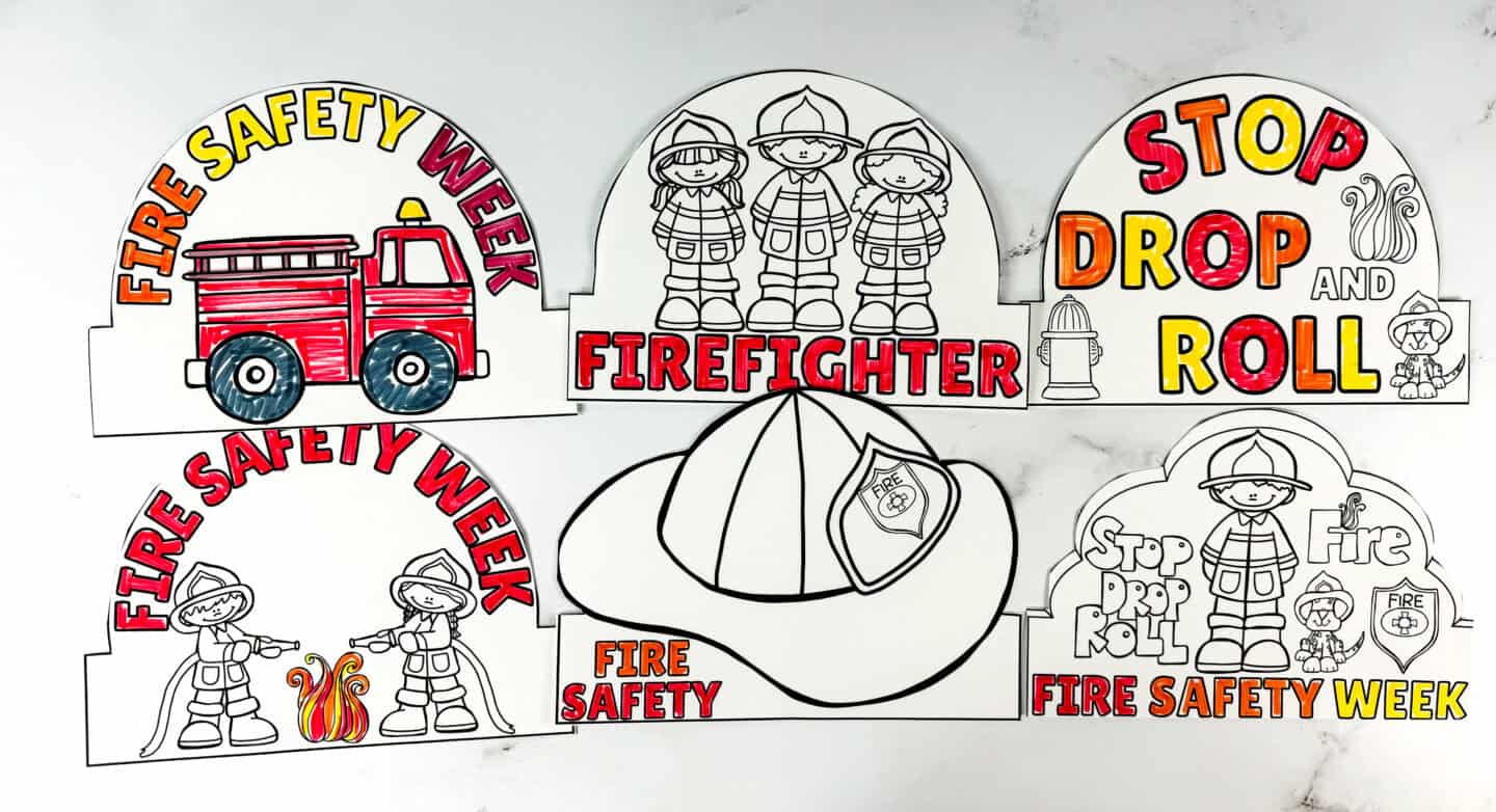 Fire Safety Week crown printables with firefighter, fire truck, helmet, and Stop Drop and Roll designs