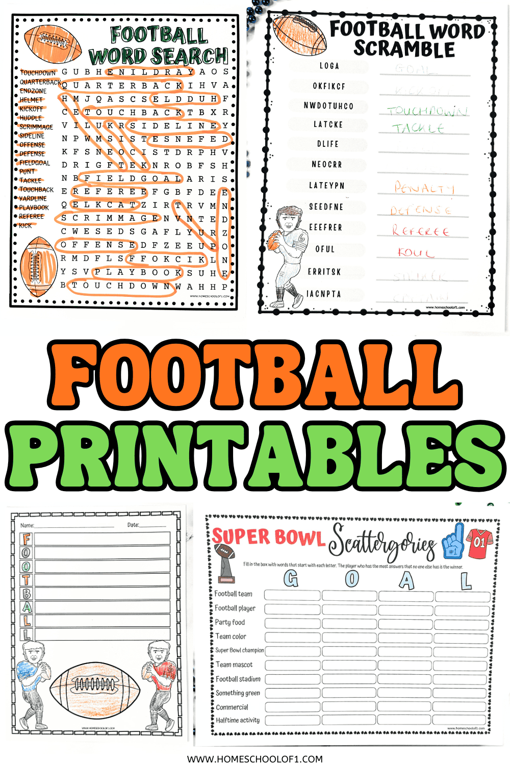 Football printables and activities for kids featuring word games, an acrostic poem, and Super Bowl Scattergories