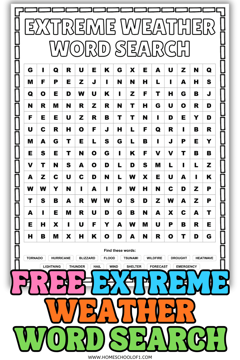 Free extreme weather word search printable with 15 weather vocabulary words and answer key
