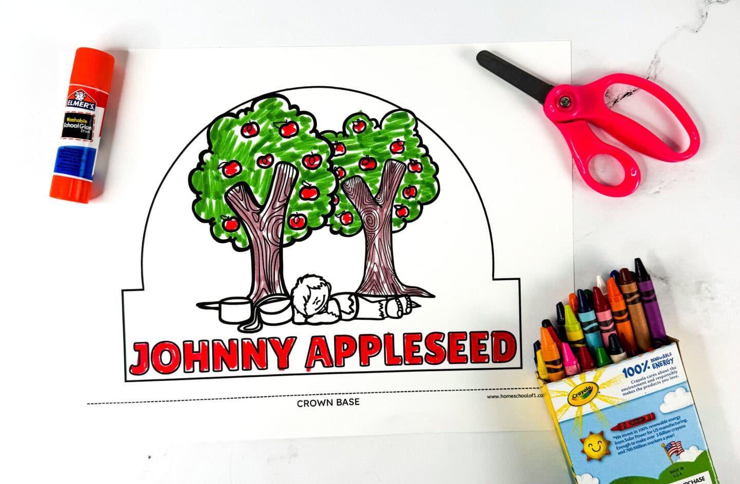 Free Johnny Appleseed headband template with apple trees to color
