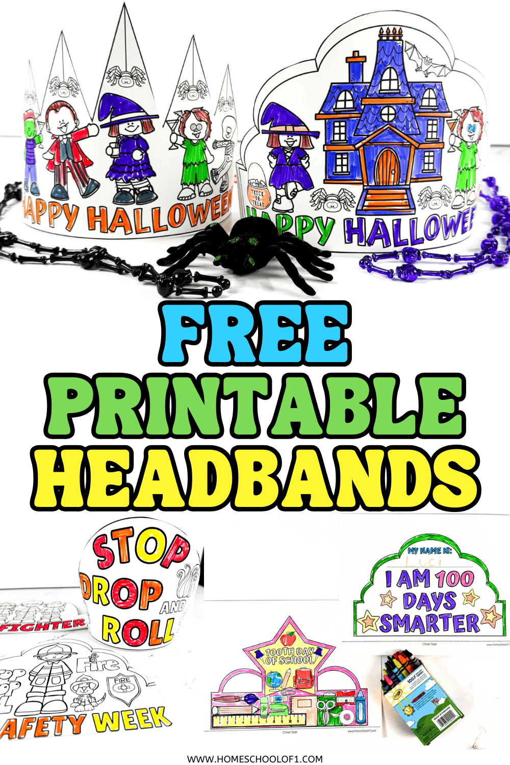 Free printable headbands for kids including Halloween, fire safety, and 100th day of school crowns