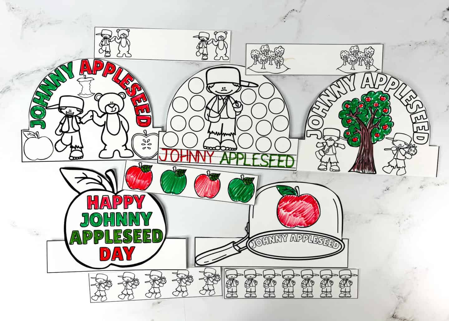 Free printable Johnny Appleseed crowns with six designs for kids to color