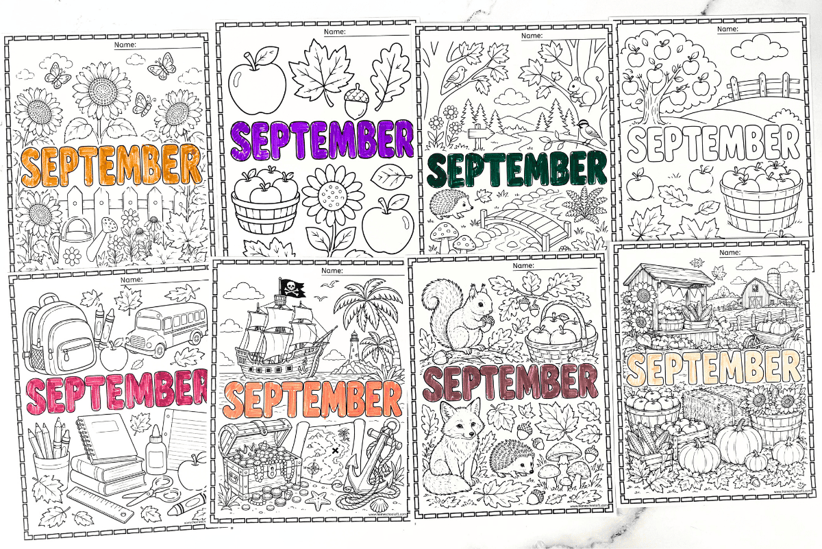 Eight free coloring sheets for September with apples, leaves, animals, and school themes