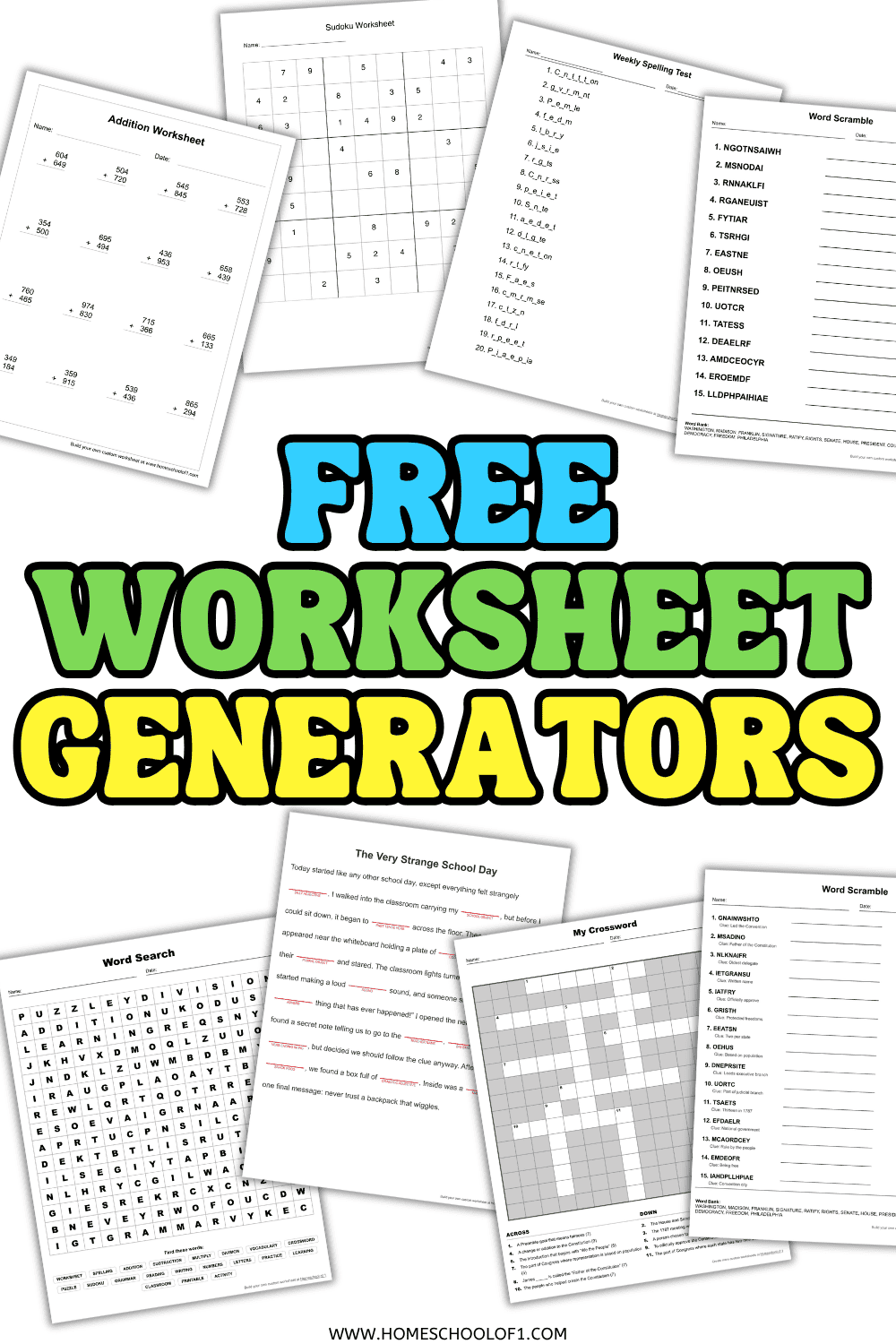 Free worksheet generators for kids with printable math, spelling, word search, crossword, Sudoku, and word scramble worksheets