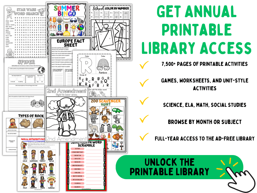 Annual printable library with 7,500+ pages of worksheets, games, coloring pages, and educational activities