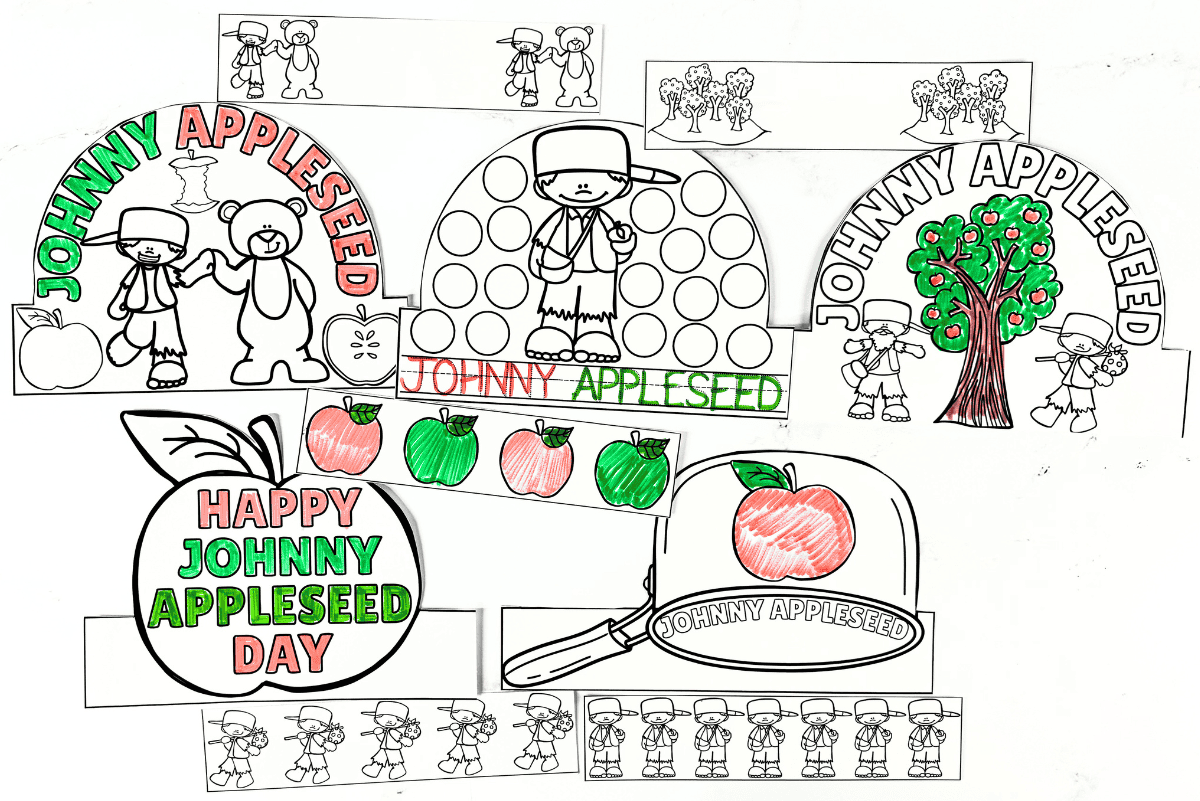 Printable Johnny Appleseed crowns with six coloring designs for kids