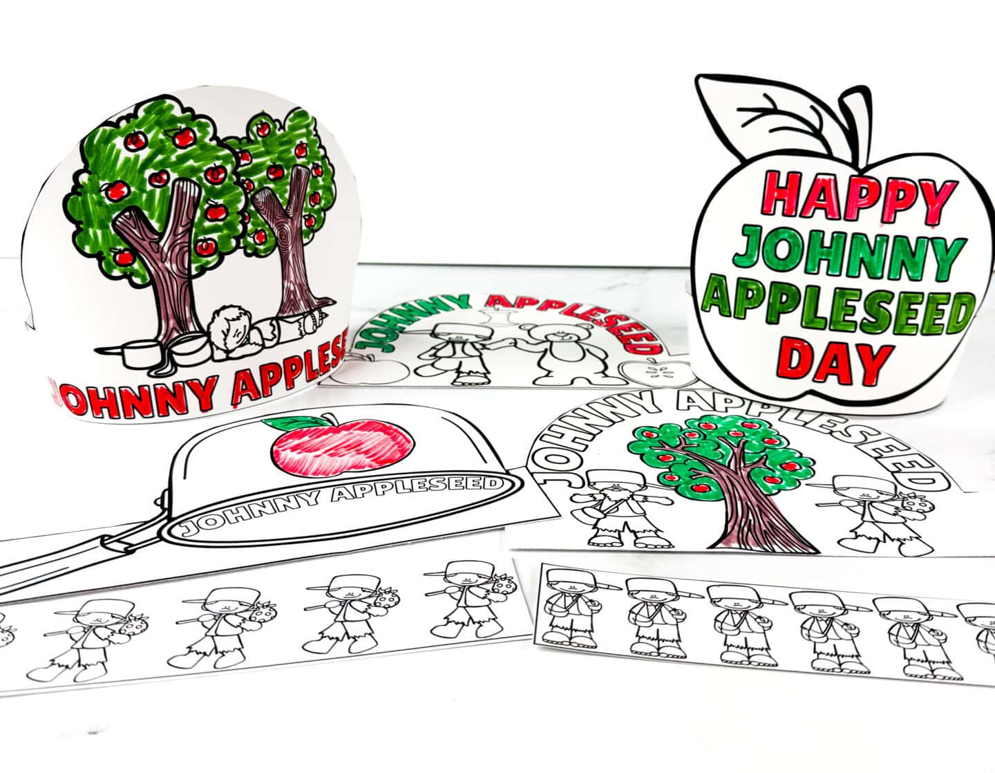 Printable Johnny Appleseed hats and crowns for kids to color