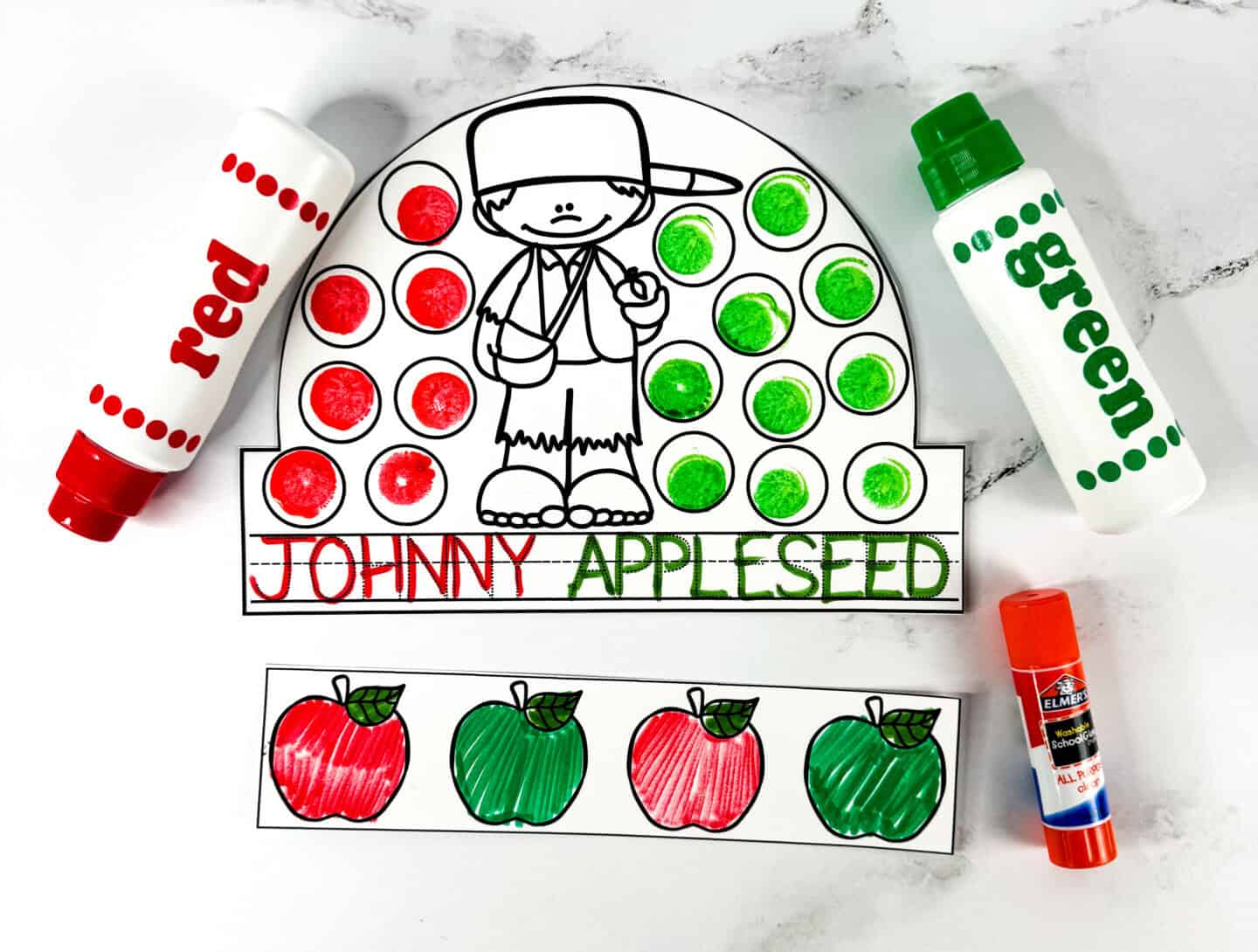 Johnny Appleseed hat craft with coloring and apple pattern activities