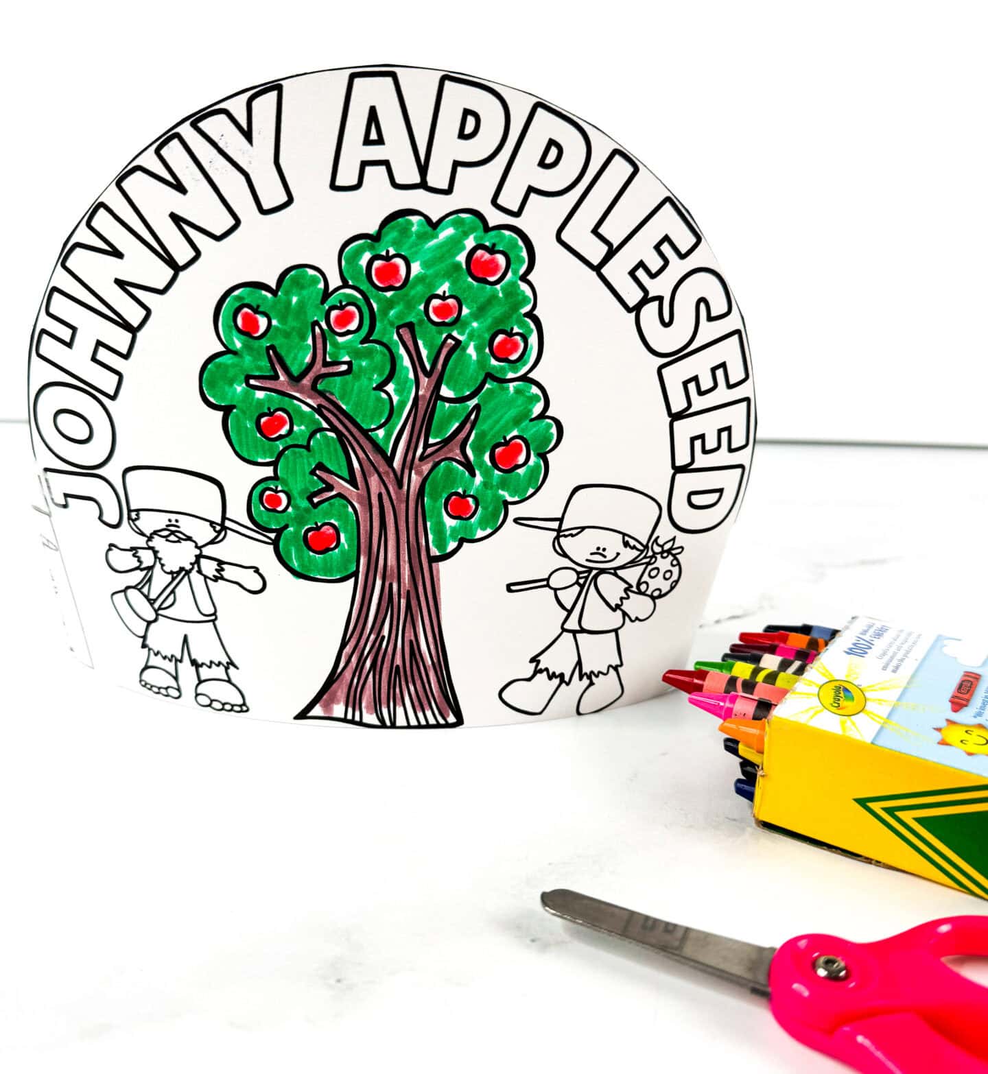 Johnny Appleseed headband craft with apple tree coloring design