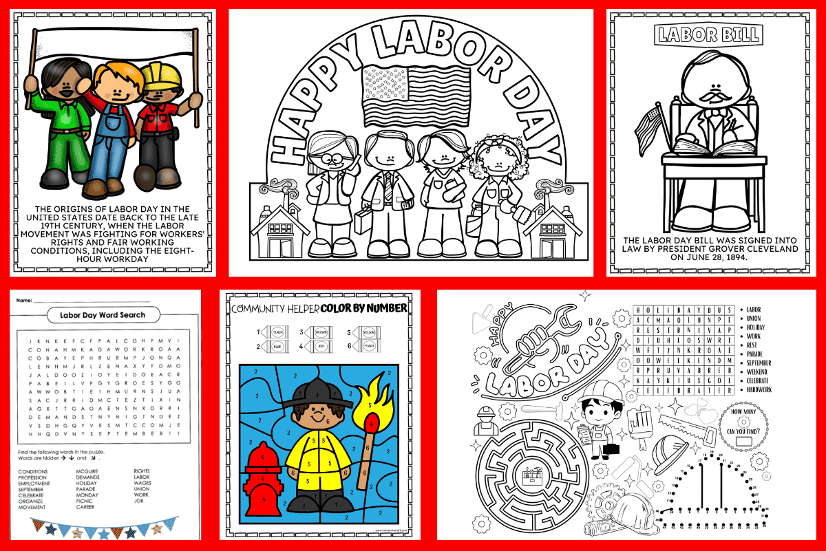 Labor Day activities for kids with coloring pages, word search, community helper color by number, maze, and printable games