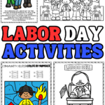 Labor Day printable activities for kids with coloring pages, community helper color by number, and Labor Day history worksheets