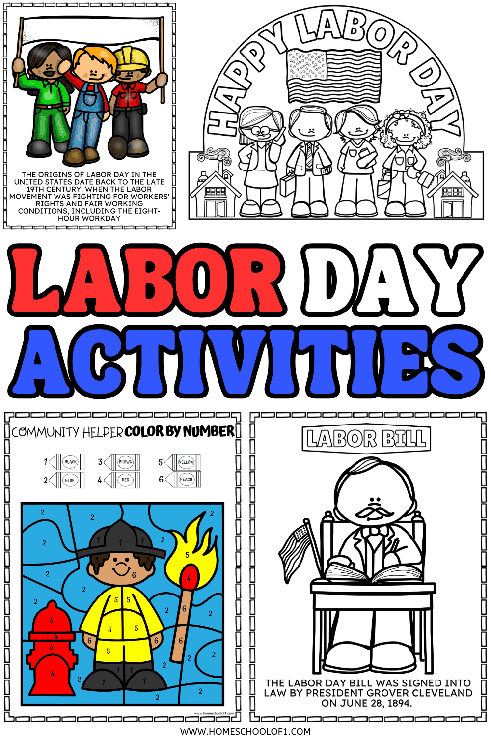 Labor Day printable activities for kids with coloring pages, community helper color by number, and Labor Day history worksheets