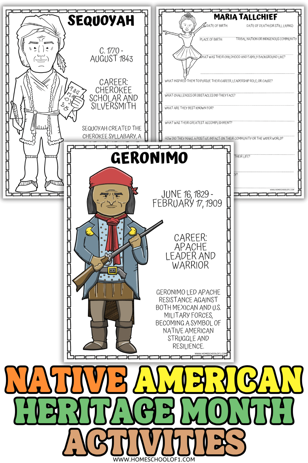 Native American Heritage Month activities for kids with biography research, coloring pages, and posters
