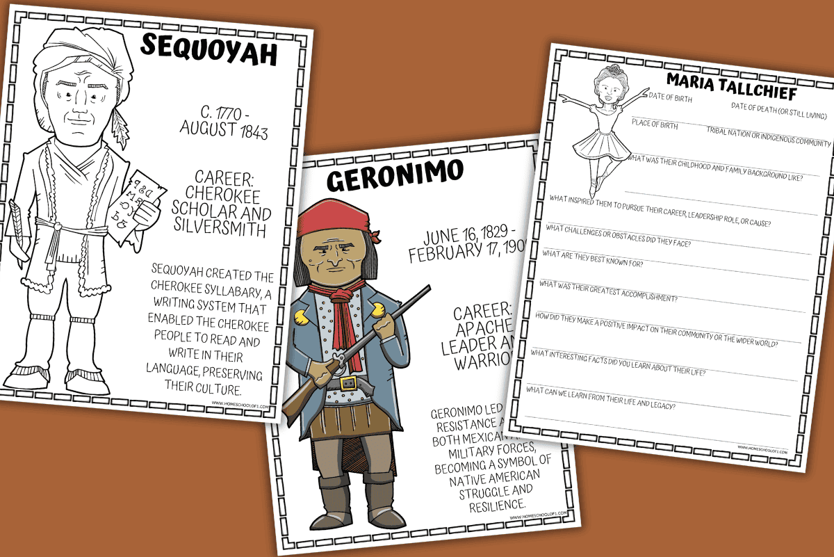Native American Heritage Month activities featuring Sequoyah, Geronimo, and Maria Tallchief biography research printables