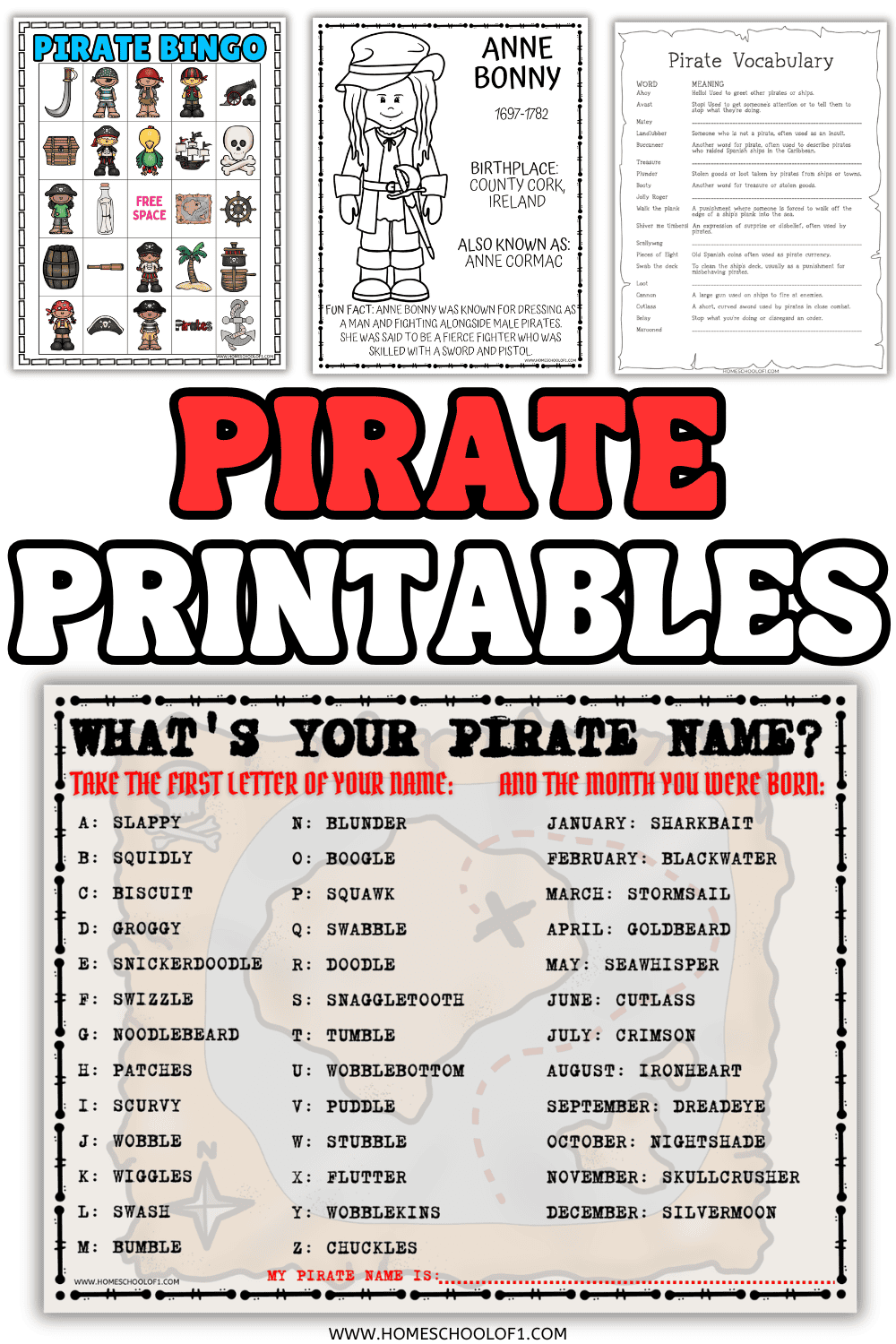 Pirate printables for kids featuring bingo, Anne Bonny coloring page, pirate vocabulary worksheet, and What's Your Pirate Name activity