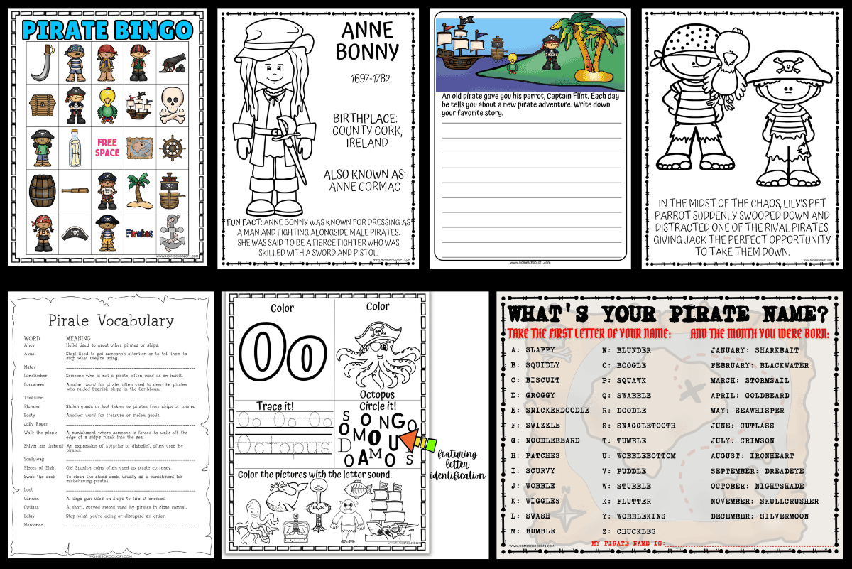 Pirate printables and activities for kids including bingo, famous pirate worksheets, writing activities, alphabet worksheets, and pirate name game