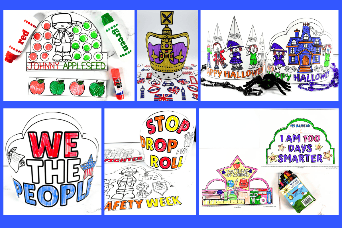 Printable headband crafts for kids including Johnny Appleseed, Halloween, Constitution, fire safety, and 100th day crowns