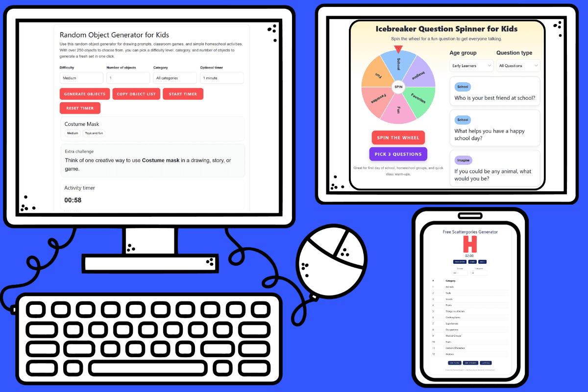 Free random generators for kids shown on computer, tablet, and phone screens