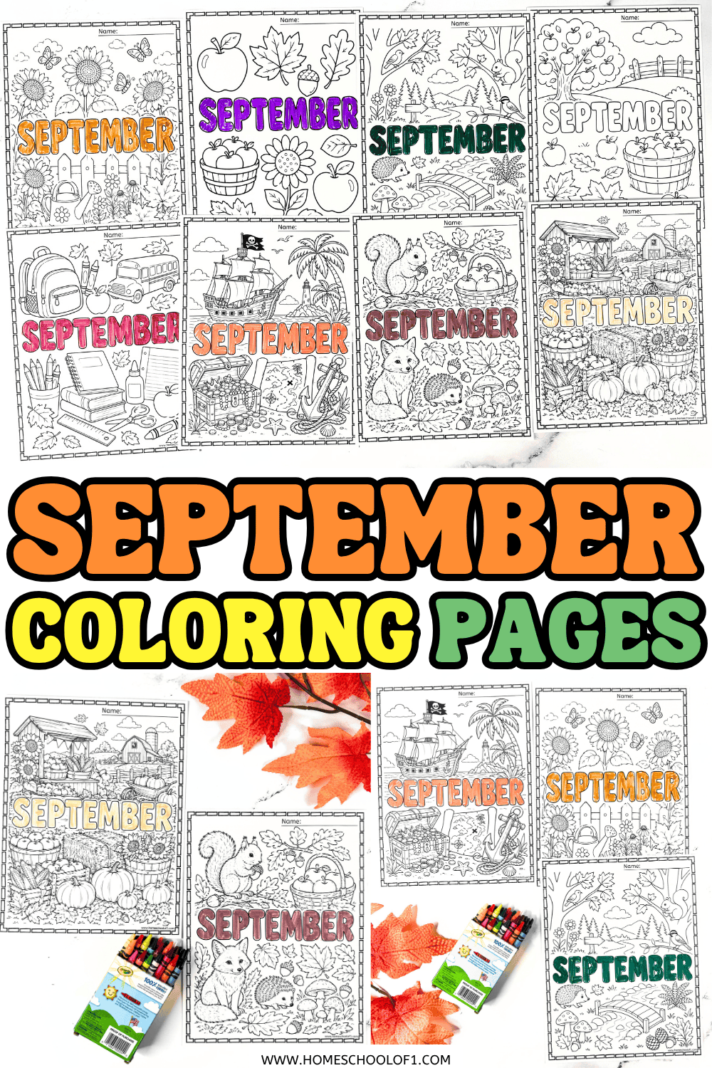 Printable September coloring sheets with fall, school, harvest, and nature themes