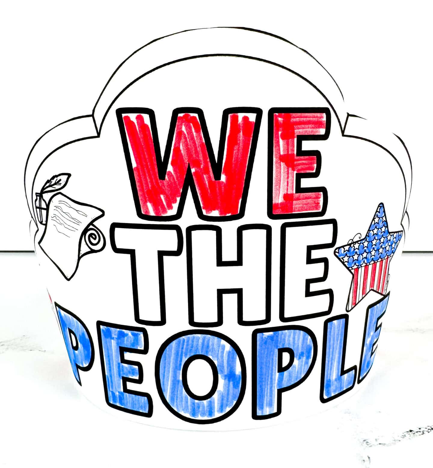 Finished We the People Constitution Day crown colored red, white and blue for kids