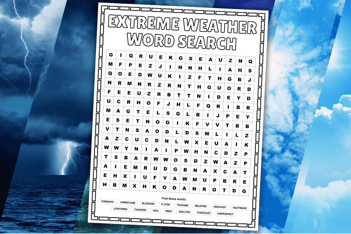 Extreme weather word search printable for elementary science with tornado, hurricane, flood, and wildfire vocabulary