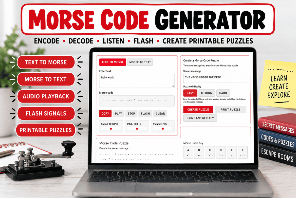 Morse code generator with text to Morse conversion, audio controls, flash signals, and printable puzzle creator