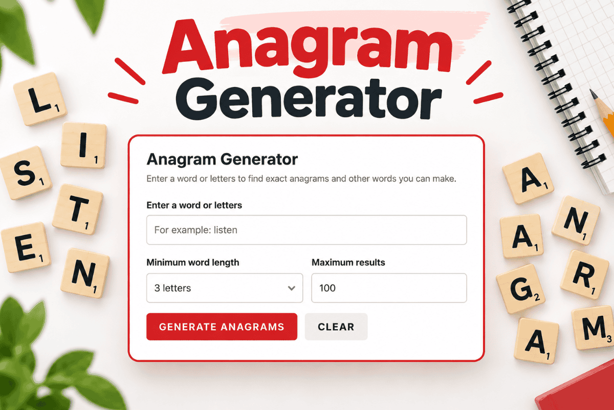 Anagram generator showing how to find exact anagrams and words you can make from letters.