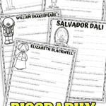 Biography worksheets for kids featuring Pablo Picasso, Squanto, William Shakespeare, Salvador Dali, and Elizabeth Blackwell