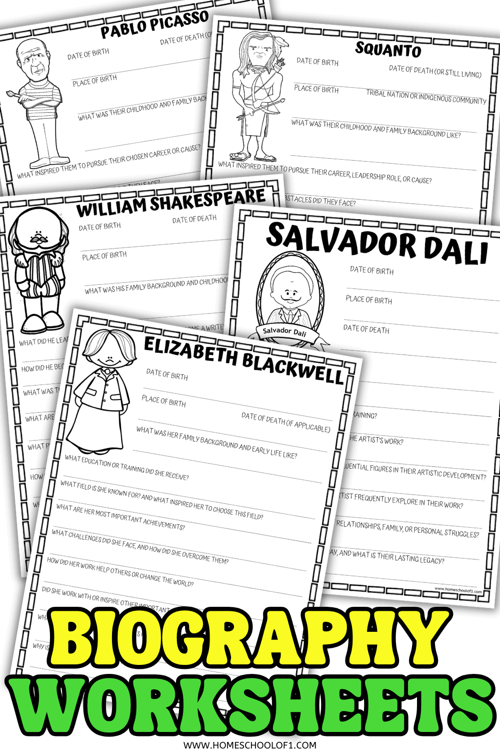 Biography worksheets for kids featuring Pablo Picasso, Squanto, William Shakespeare, Salvador Dali, and Elizabeth Blackwell