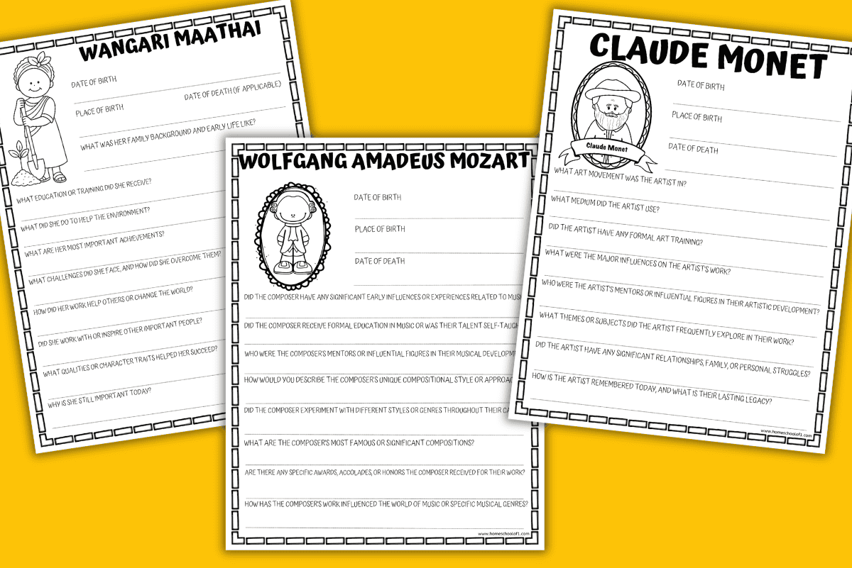 Biography research worksheets featuring Wangari Maathai, Wolfgang Amadeus Mozart, and Claude Monet