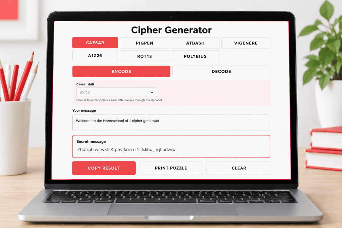 Cipher generator with Caesar, Pigpen, Atbash, Vigenère, A1Z26, ROT13 and Polybius cipher options