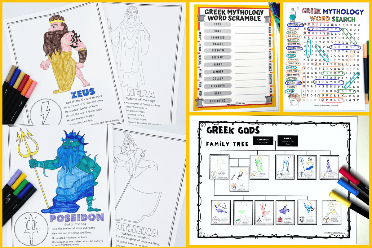Greek gods activities with Zeus, Poseidon, Athena, and Hera coloring pages, family tree, word search, and word scramble